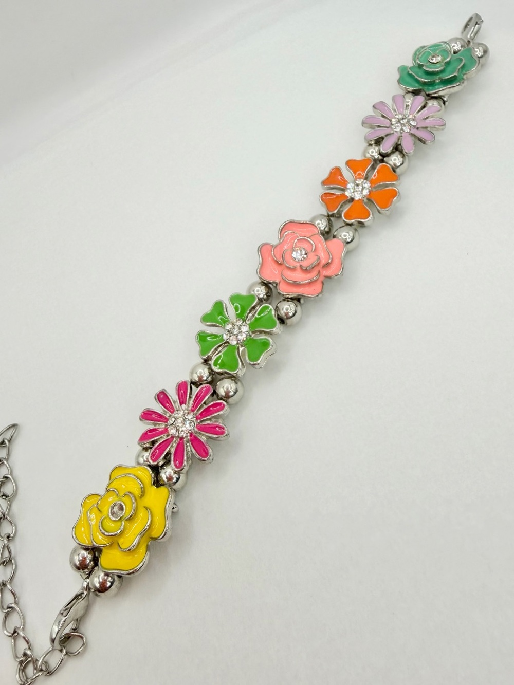 Multicolor Floral Silver-Tone Bracelet - Colorful Flower Charm Link
